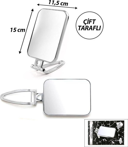 K-5204 Makyaj Aynası 15x11.5cm Gümüş Dikdörtgen Çift Taraflı Katlanır Ayaklı