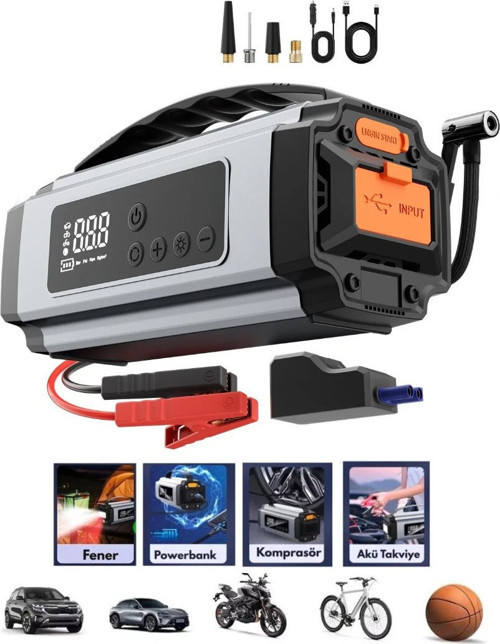 Yage YG-898 Çok Fonksiyonlu Oto ve Araç Takviye Set Taşınabilir 120W Fener Pusula Dijital Ekran Cob