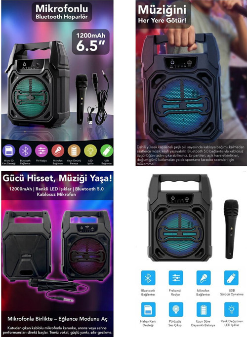 Fantastic Quality Q-Max PS-1283 Bluetooth Wireless Mikrofonlu Hoparlör ve Speaker 6.5'' USB Sarjlı