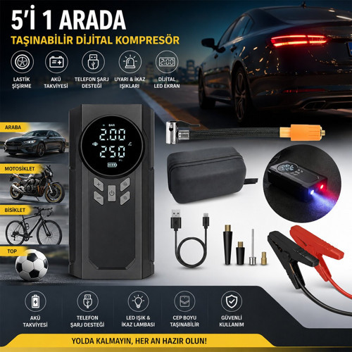 Yage KA-841 Akü Takviyeli Kompresörlü Hava Pompası 12V 4IN1 Fener Powerbank Dijital Ekran