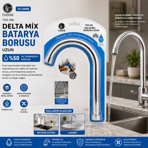 Tudor TDR-286 Uzun Delta Mix Batarya Borusu Kuğu Evye Lavabo Vakumlu Süzgeçli Uç Krom Kaplama