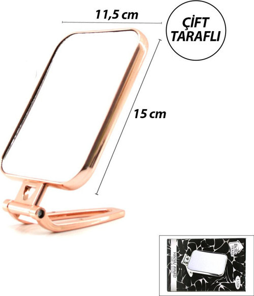 K-5181 Makyaj Aynası 15x11.5cm Bakır Dikdörtgen Çift Taraflı Katlanır Ayaklı