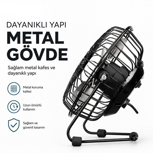 EFN-482 Mini Masaüstü Fan ve Vantilatör 14.5x7.5x15cm USB Şarjlı Metal Gövde