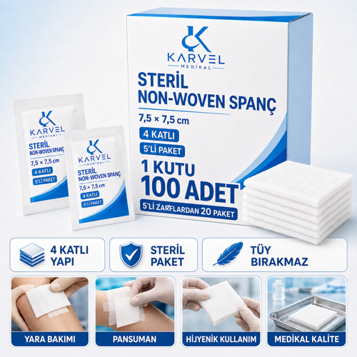 Karvel Medikal Steril Non-Woven Spanç 7,5 × 7,5 cm 4 Katlı – 5’li Steril Paket, 100 Adet