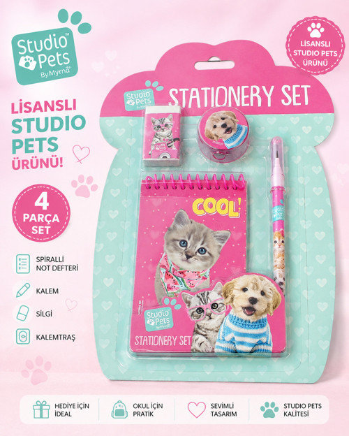 Lisanslı Studio Pets 4 Parça Kırtasiye Seti Defter Kalem Silgi Kalemtıraş Kedi Köpek Desenli