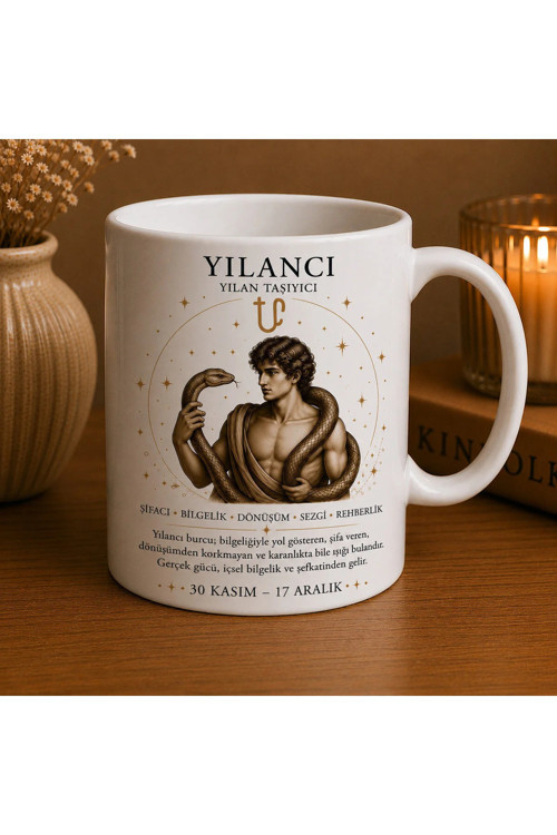 Yılancı Burcu Baskılı Beyaz Kupa Bardak | Yılan Taşıyıcı Ophiuchus Astroloji Kupası | Özel Tasarım Seramik Kupa