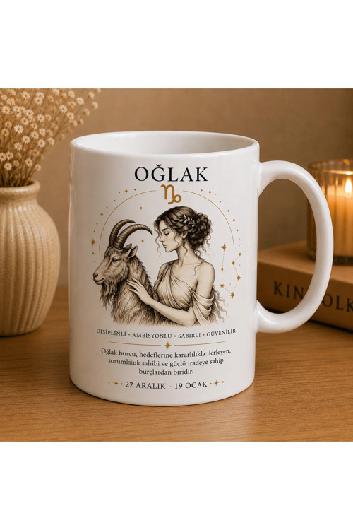 Kova Burcu Baskılı Beyaz Kupa Bardak | Astroloji Temalı Seramik Kahve Kupası | Modern Burç Tasarım Hediye