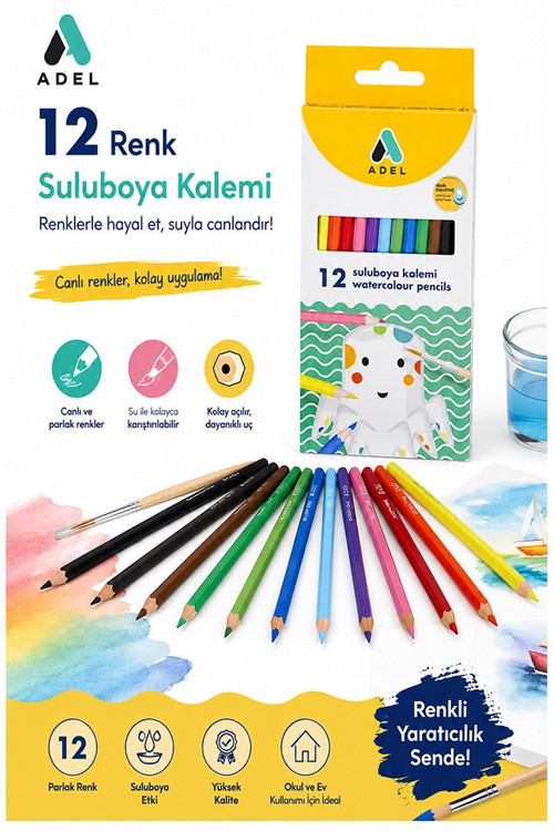 Aquarel Suluboya Kalemi 12 Renk 1 Paket Adel Karton Kutu Sulu Boya Kalemi 12 Li Fırça Hediyeli Sanatsal Kaliteli