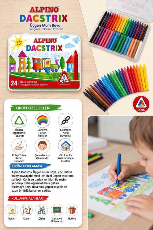 Mum Boya 24 Lü Plastik Kutu 1 Paket Alpino Dacstrix 24 Renk Mumboya Elleri Kirletmeyen Yıkanabilir Silinebilir