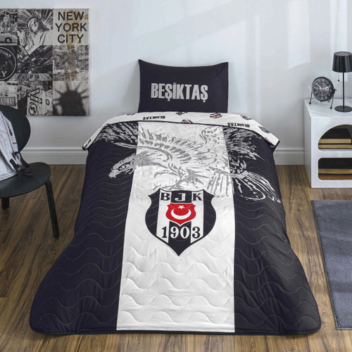 Taraftar Lisanslı Pamuklu Tek Kişilik Yatak Örtüsü Seti (160x230)-Beşiktaş Kartal