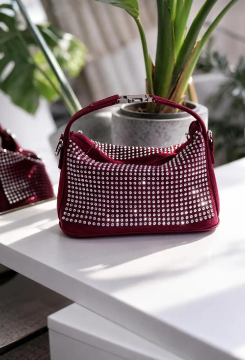 Bordo Taşlı Kilit Detaylı Askılı El Omuz Çantası