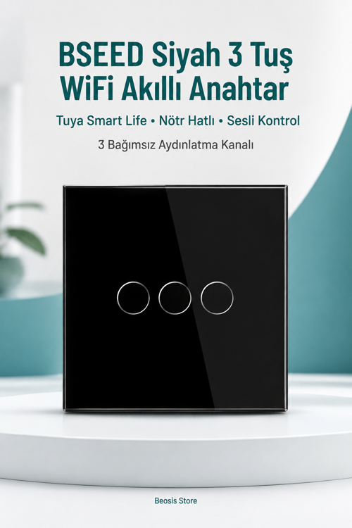 Siyah 3 Tuş WiFi Akıllı Dokunmatik Anahtar – Tuya Smart Life, Alexa Google, Nötr Hatlı