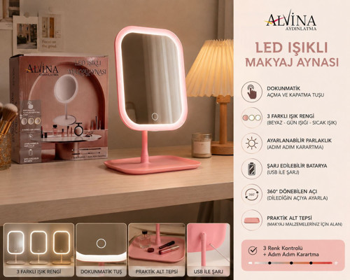 LED ışıklı DİMMERLİ USB ŞARJLI dokunmatik makyaj aynası pembe - 3 RENK ışık modu 360 DÖNER masaüstü ayna kare