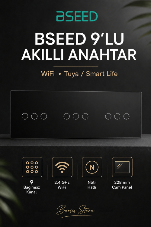 Siyah 9 Tuş WiFi Akıllı Dokunmatik Anahtar – Tuya Smart Life, Nötr Hatlı