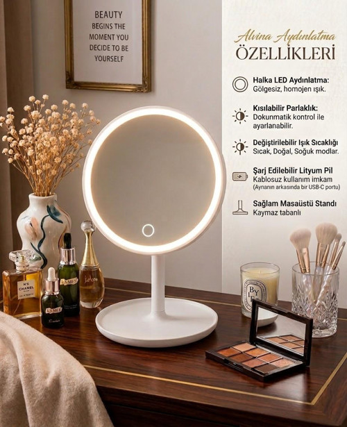 LED ışıklı DİMMERLİ USB ŞARJLI dokunmatik makyaj aynası beyaz - 3 RENK ışık modu 360 DÖNER masaüstü ayna yuvarlak