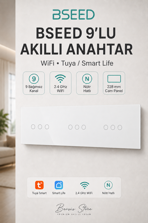 Beyaz 9 Tuş WiFi Akıllı Dokunmatik Anahtar – Tuya Smart Life, Nötr Hatlı