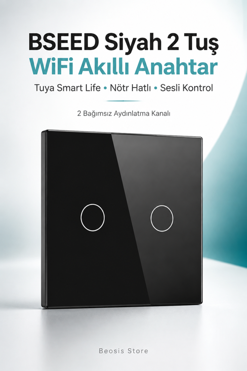 Siyah 2 Tuş WiFi Akıllı Dokunmatik Anahtar – Tuya Smart Life, Alexa Google, Nötr Hatlı