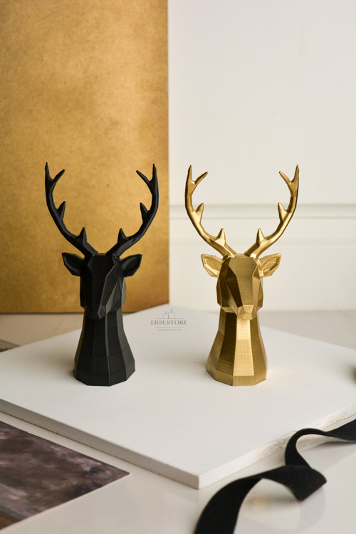 2 Li Set Geyik Figürlü Obje Tasarım Modern Dekoratif Hediyelik Biblo Siyah-Gold 16cm Altın Varak