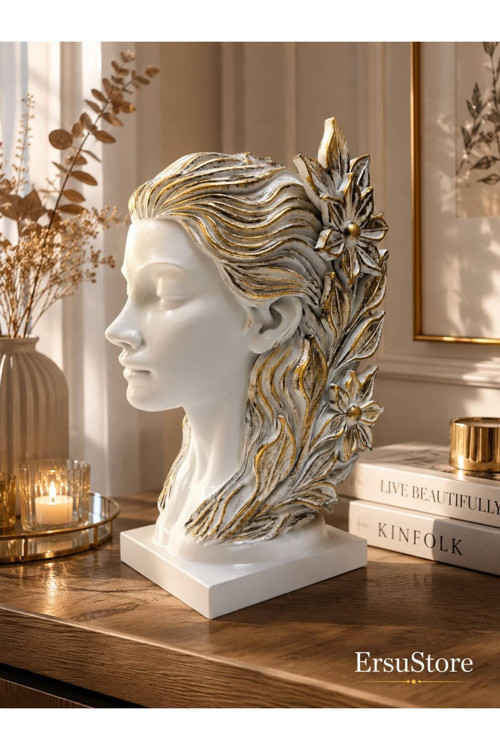 Dekoratif Kadın Büstü Heykel Gold Detaylı Beyaz Biblo Modern Salon, Ofis ve Ev Dekorasyonu