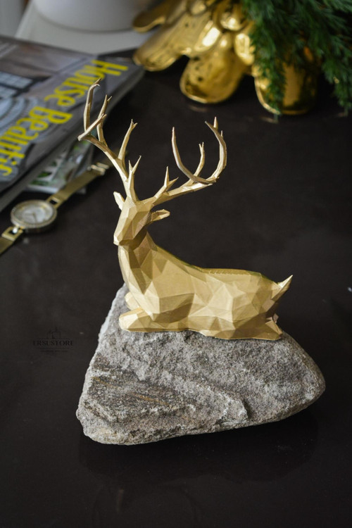 21cm Kubik Dekoratif Geyik Figür Biblo Obje Gold Renk Yılbaşı Geyiği Premıum