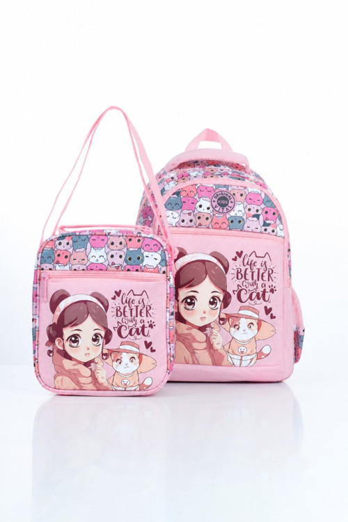 Vital Serisi Kız Çocuk Pembe Kız Desenli Beslenme ve Okul Çantası Seti