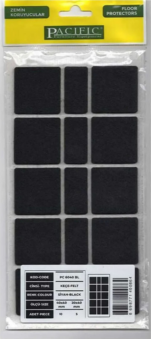 Pacific Kare Yapışkanlı Sandalye Koltuk Mobilya Ayak Keçesi Felt 40x40 Mm Siyah (1 Adet)