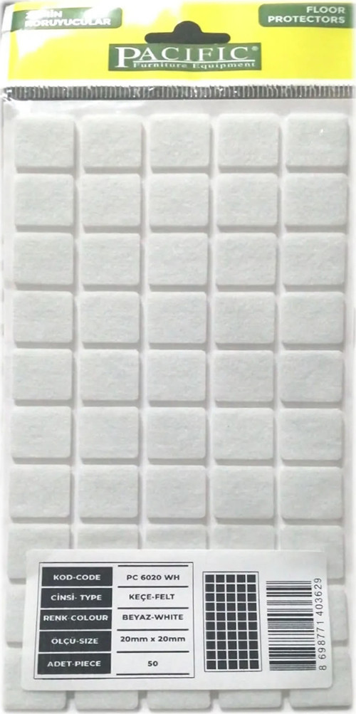 Pacific Kare Yapışkanlı Sandalye Koltuk Mobilya Ayak Keçesi Felt 20x20 Mm Beyaz (1 Adet)