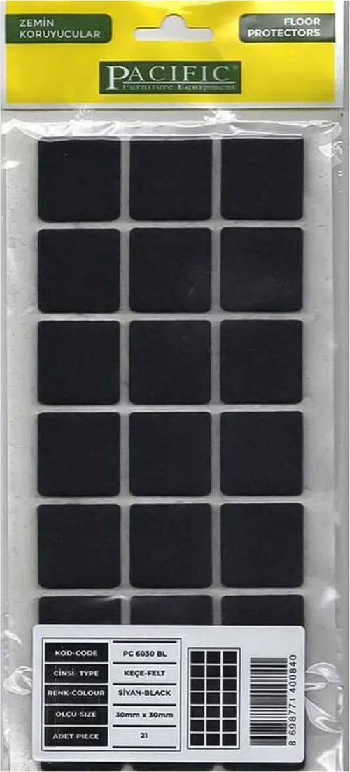Paficic Kare Yapışkanlı Sandalye Koltuk Mobilya Ayak Keçesi Felt 30x30 Mm Siyah (1 Adet)