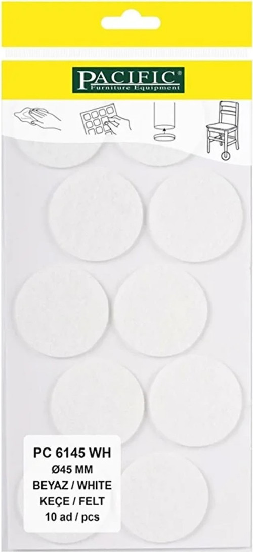 Pacific Yuvarlak Yapışkanlı Sandalye Koltuk Mobilya Ayak Keçesi Felt 45 Mm Beyaz (10 adet)