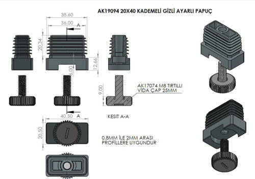 20x40 Mm Kademeli Gizli Ayarlı Profil Pabucu Siyah (1 Adet)