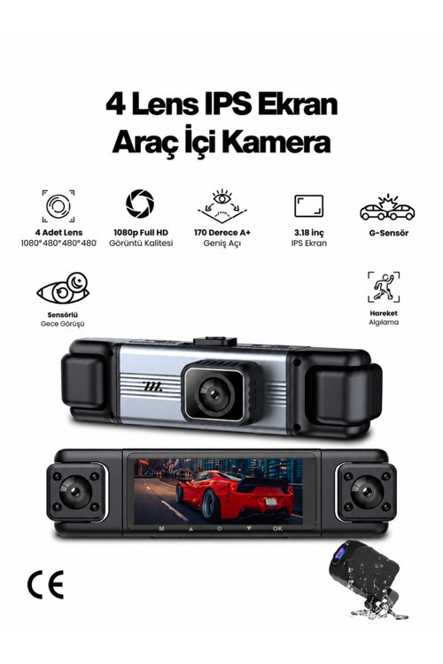 4 Lensli Full Hd 1080P 3.18" Ekran Araç İçi Kamera 4 Kamera Ayarlanabilir Açı Hareket Algılama