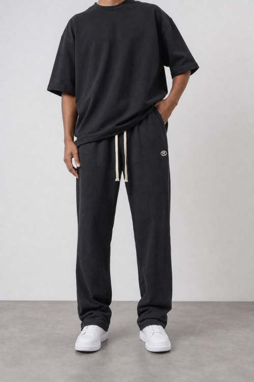Erkek R Nakışlı Müslin Baggy Pantolon Siyah