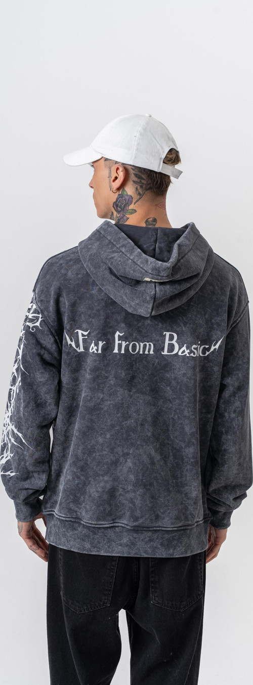Erkek Far From Basic Baskılı Yıkamalı Kapüşonlu Oversize Hoodie Siyah