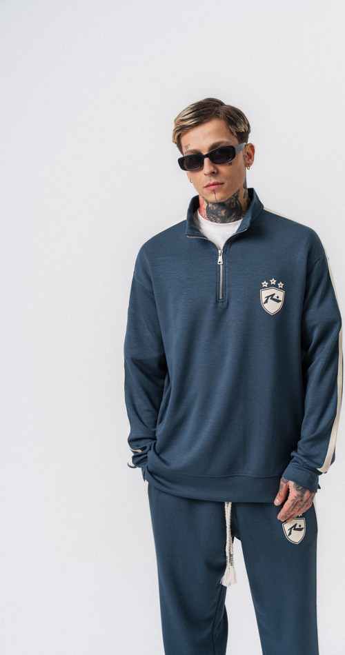 Erkek Şerit Detaylı Yarım Fermuarlı Modal Sweatshirt Petrol