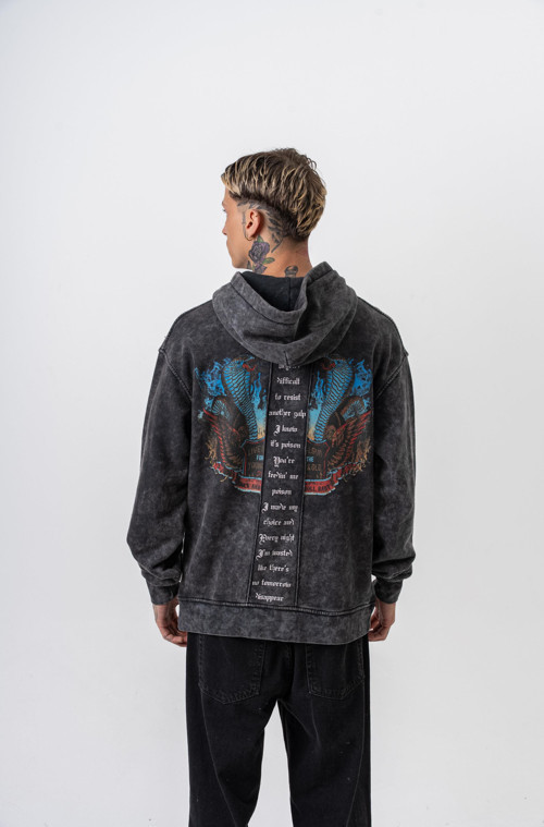 Erkek Snake Baskılı Yıkamalı Kapüşonlu Oversize Hoodie Siyah