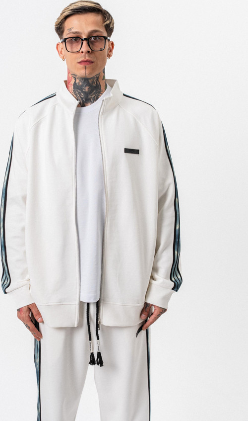 Erkek Dark Striped Şerit Detaylı Dik Yaka Doubleface Zip Oversize Sweatshirt Ekru