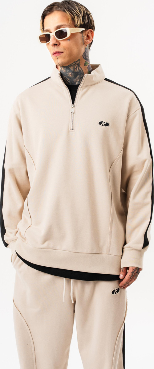 Erkek Pis Dikiş Detaylı Yarım Fermuarlı Diagonel Sweatshirt Bej