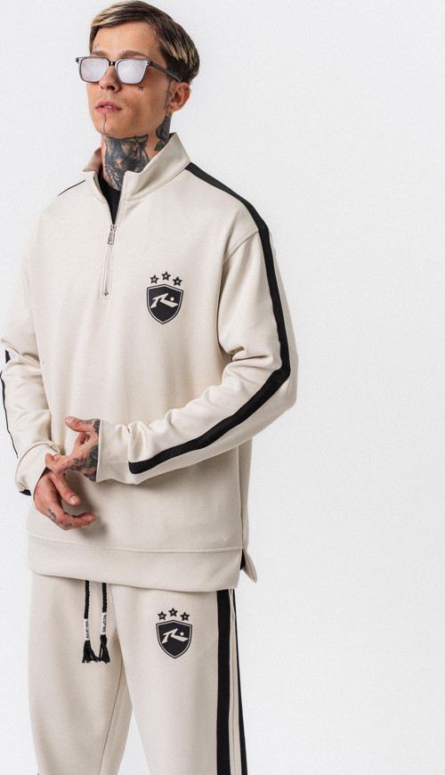 Erkek Şerit Detaylı Yarım Fermuarlı Modal Sweatshirt Ekru