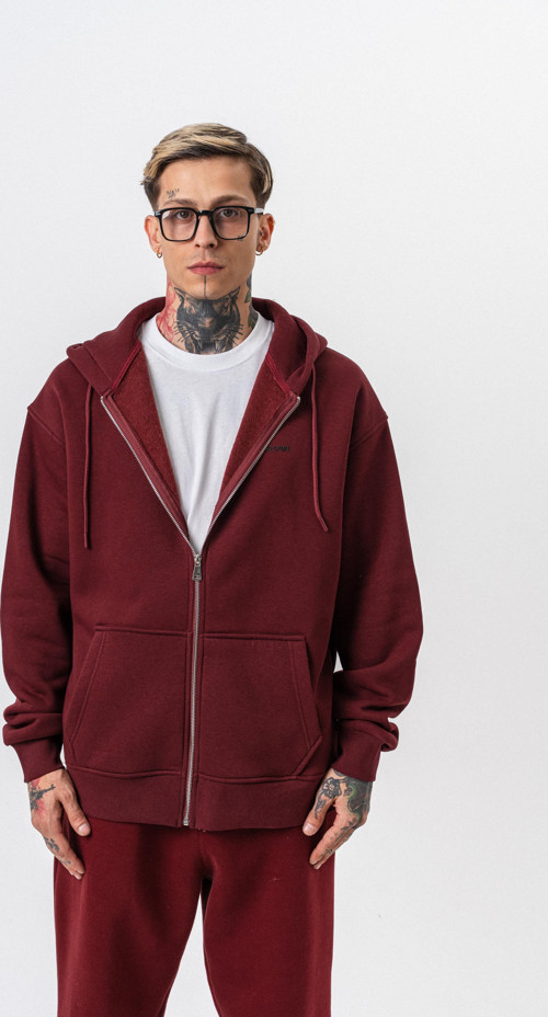 Erkek Respire Yazı Detaylı Kapüşonlu Basic Zip Oversize Hoodie Bordo