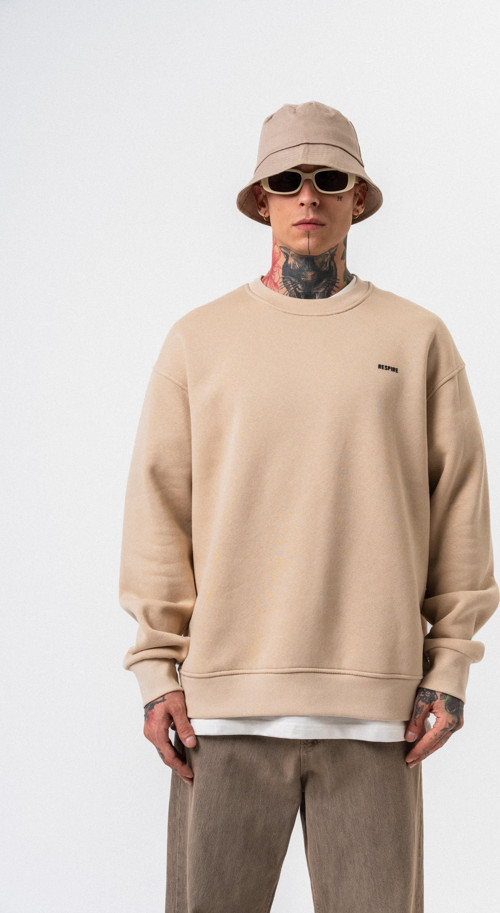 Erkek Respire Yazı Detaylı Basic Oversize Sweatshirt Bej