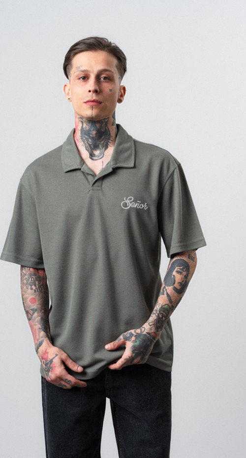 Erkek Senor Yazılı Polo Yaka Regular Fit T-Shirt Haki