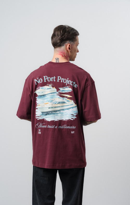 Erkek No Port Baskılı Oversize T-Shirt Bordo