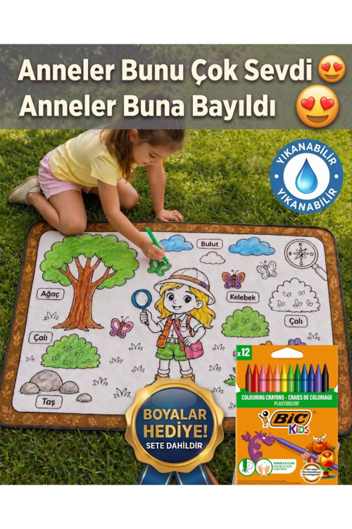 Eğitici Yıkanabilir Tekrar Boyanabilir Çocuk Odası Oyun Matı Boyama Halısı Boya Kalem Seti Hediye
