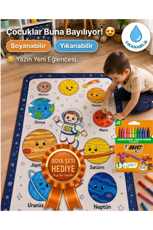 Eğitici Yıkanabilir Tekrar Boyanabilir Çocuk Odası Oyun Matı Boyama Halısı Boya Kalem Seti Hediye