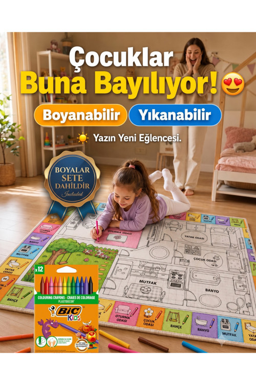 Eğitici Yıkanabilir Tekrar Boyanabilir Çocuk Odası Oyun Matı Boyama Halısı Boya Kalem Seti Hediye