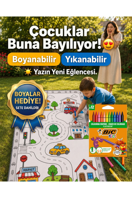 Eğitici Yıkanabilir Tekrar Boyanabilir Çocuk Odası Oyun Matı Boyama Halısı Boya Kalem Seti Hediye