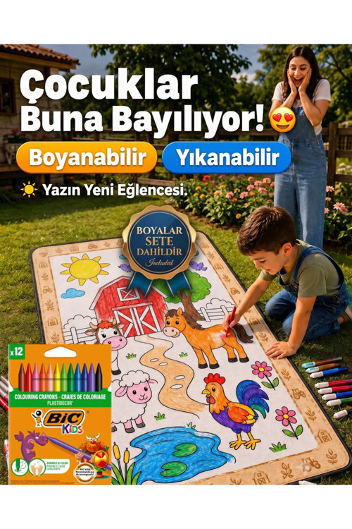 Eğitici Yıkanabilir Tekrar Boyanabilir Çocuk Odası Oyun Matı Boyama Halısı Boya Kalem Seti Hediye