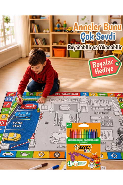Eğitici Yıkanabilir Tekrar Boyanabilir Çocuk Odası Oyun Matı Boyama Halısı Boya Kalem Seti Hediye