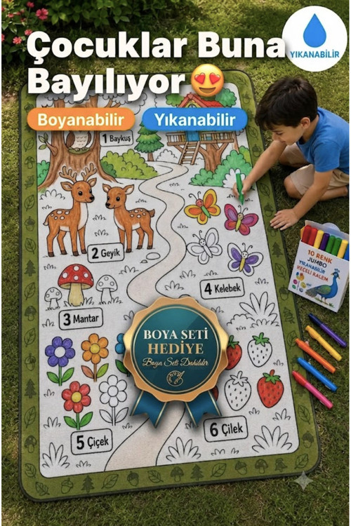 Eğitici Yıkanabilir Tekrar Boyanabilir Çocuk Odası Oyun Matı Boyama Halısı Boya Kalem Seti Hediye