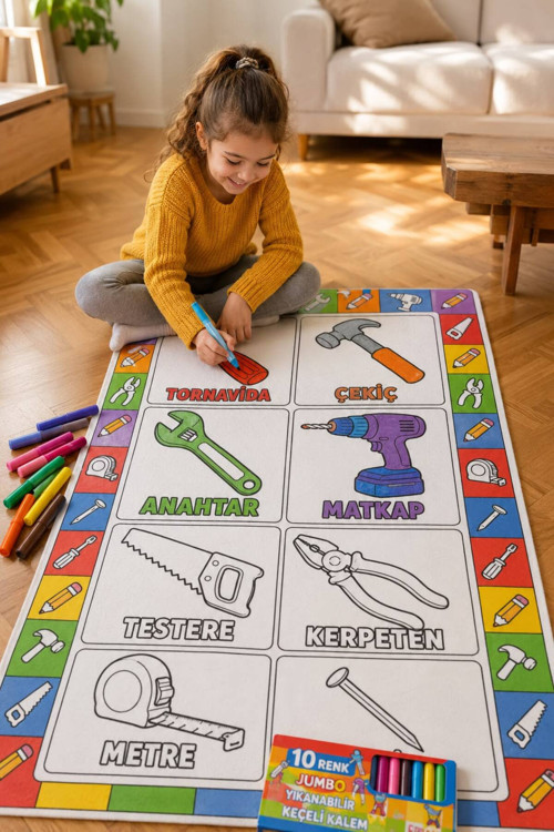 Eğitici Yıkanabilir Tekrar Boyanabilir Çocuk Odası Oyun Matı Boyama Halısı Boya Kalem Seti Hediye